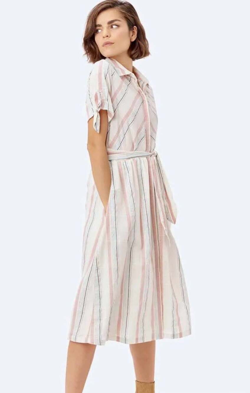 Lovestitch Striped Button-Down Midi Dress with Waist Tie, Size S